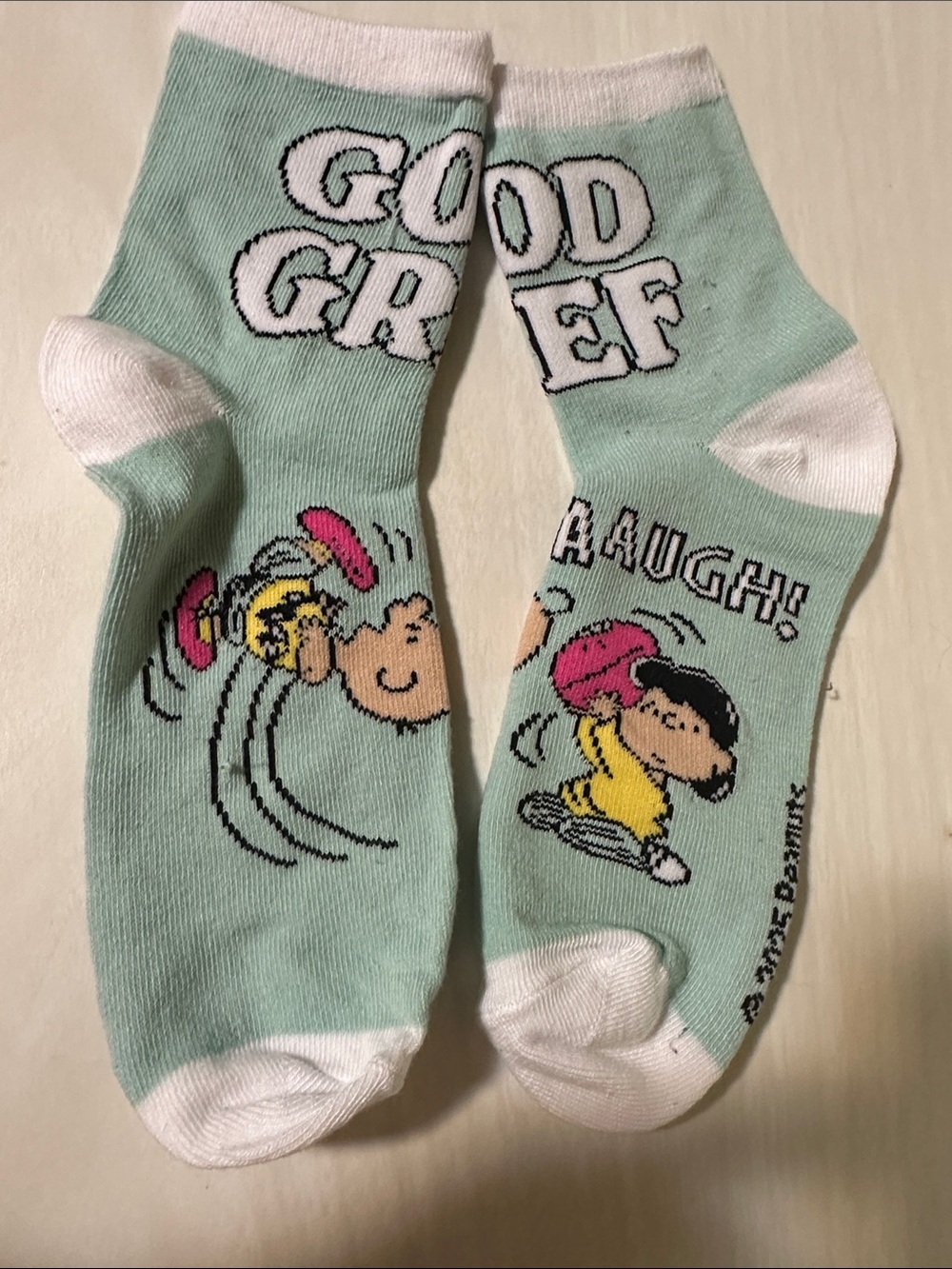 Peanuts Mint and White Lucy & Charlie Brown Cartoon Shortie Crew Socks